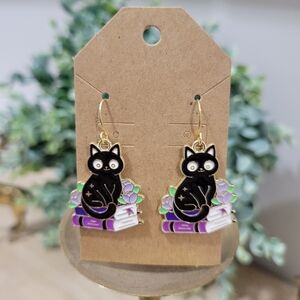 New 18k Gold Plated Cute Witchy Black Cat Floral Book Enamel Earrings